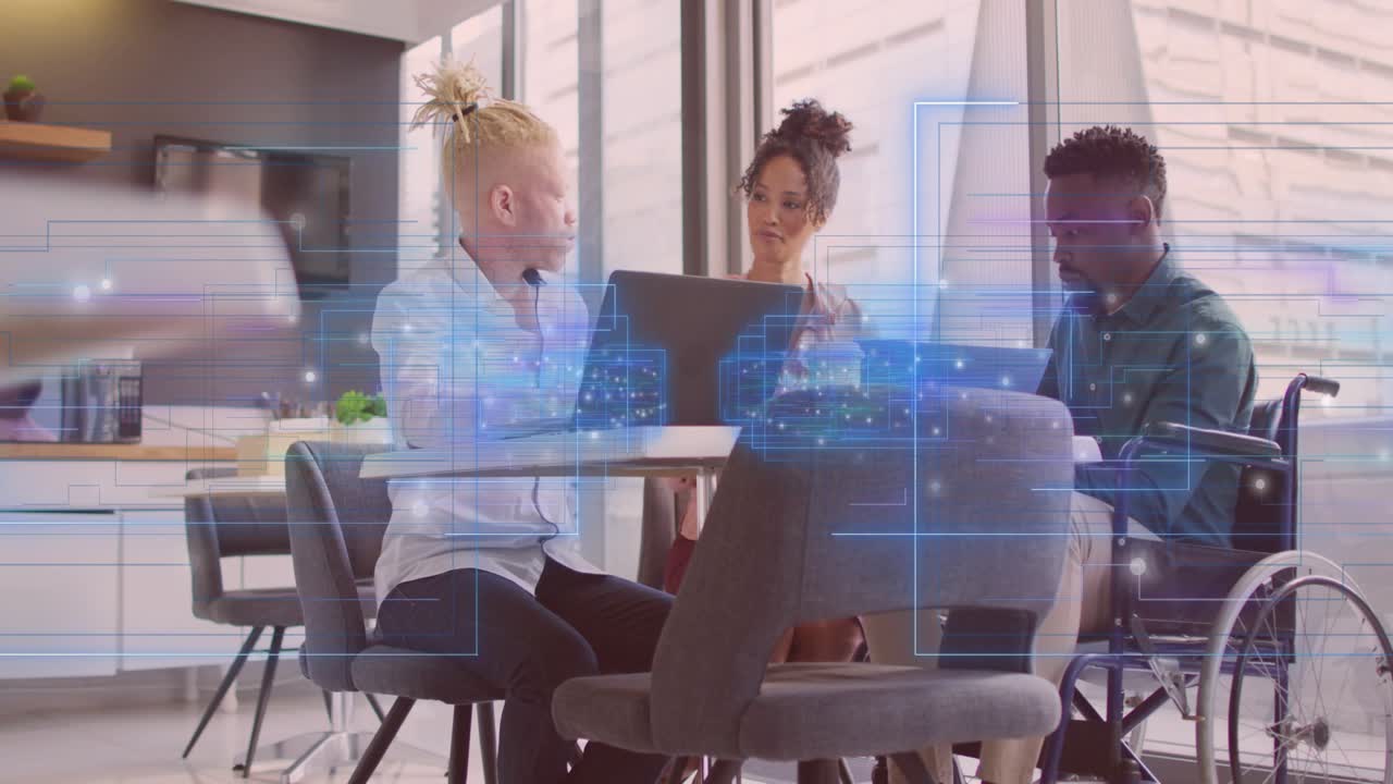 Three colleagues typing laptop pointing charts in business meeting with data overlays animating