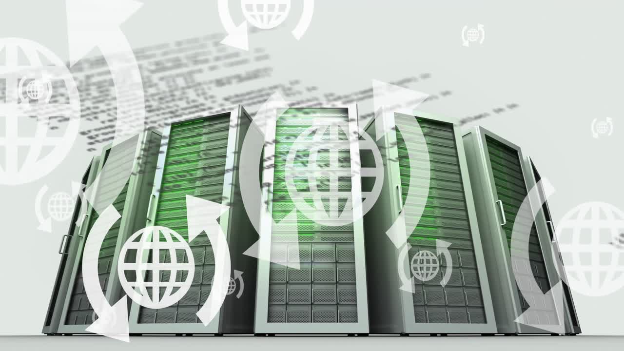 Animation of globe with arrows icons and computer language over data server racks