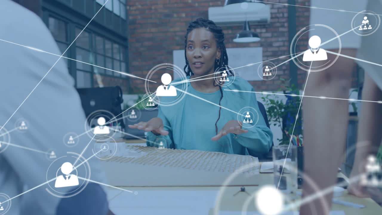 Discussing project, businesswoman with colleagues, animated network connections overlay