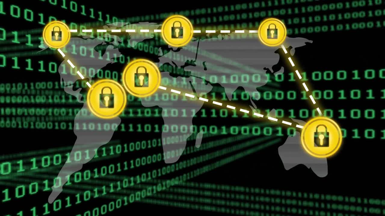 바이너리 코드의 애니메이션, 어두운 배경 위의 온라인 보안  ⁇ 락과의 연결 네트워크