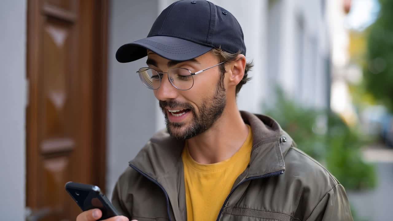 Smiling young man in sporty attire stands outdoors, holding a smartphone, showcasing a casual and approachable demeanor with a vibrant background and clear facial features