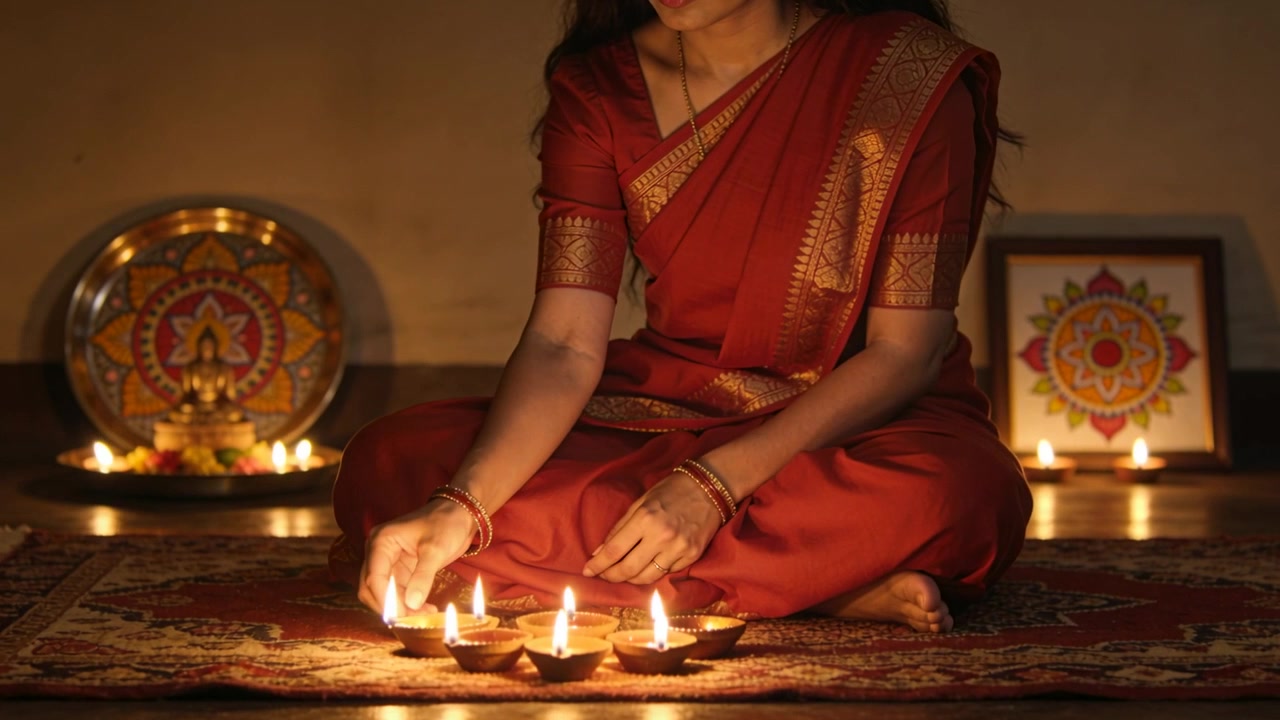 Segurando uma diya acesa, mulher de sari vermelho acendendo diyas no tapete em casa para o ritual de Diwali.