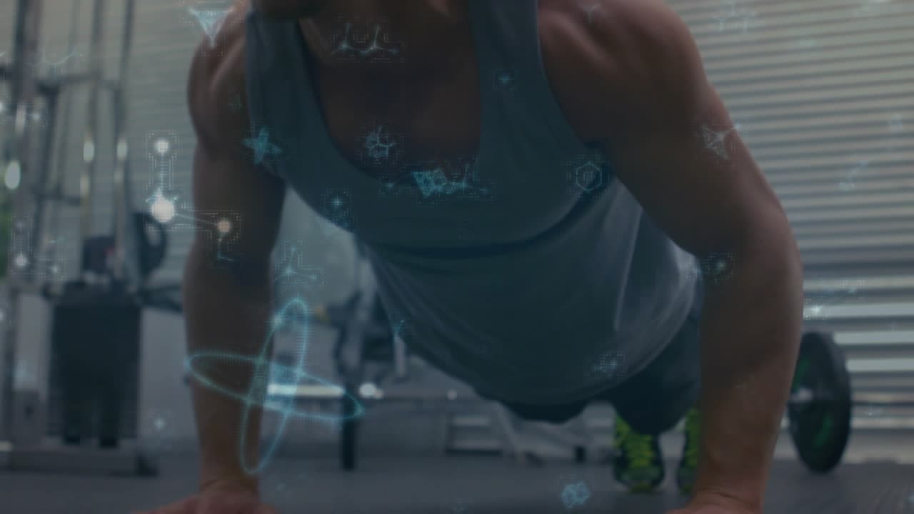 Man starting pushup bending elbows on gym mat gaining arm strength, blue particles overlaying him