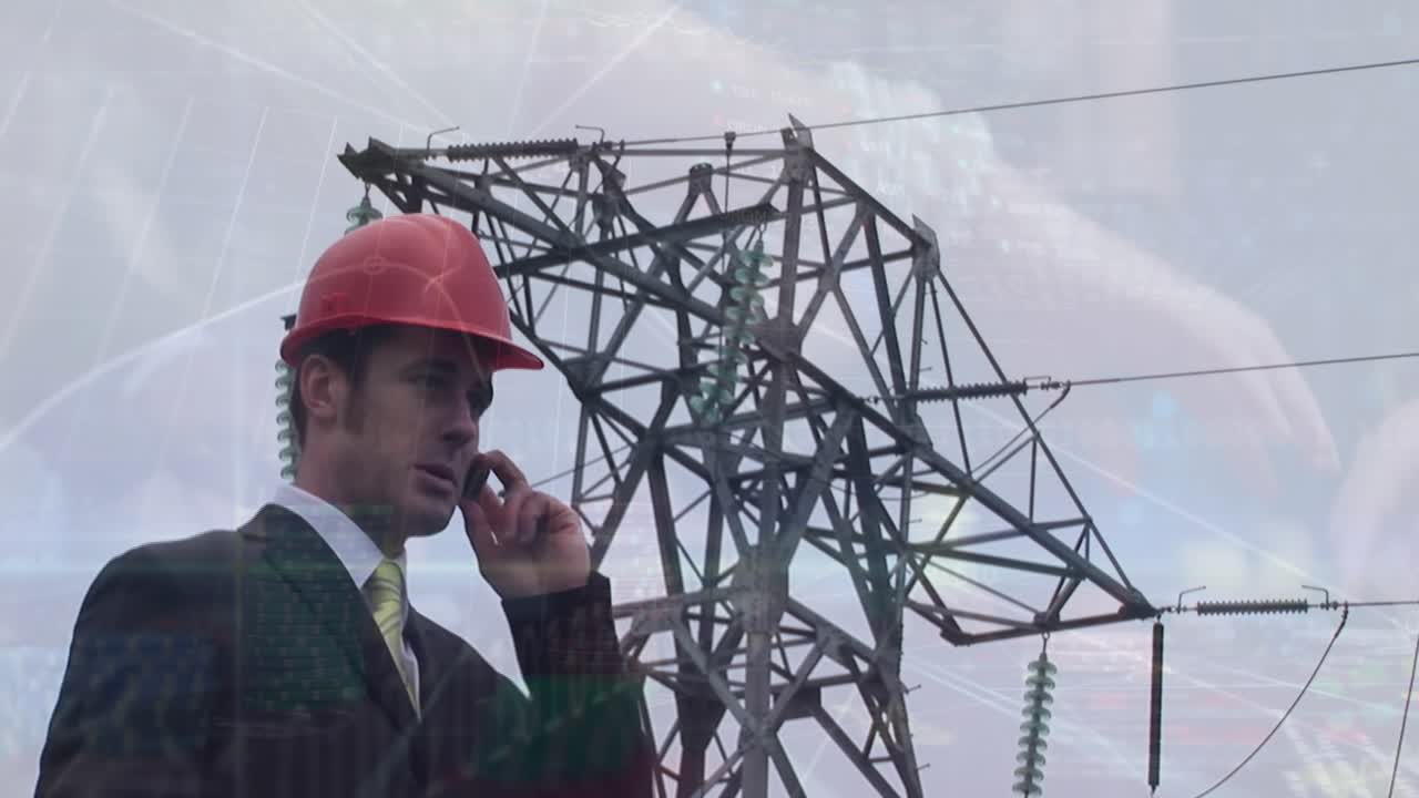Animación de procesamiento de datos sobre un empresario caucásico y una torre eléctrica.