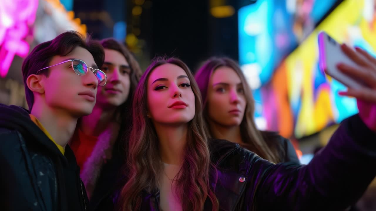 A group of young friends capturing a memorable moment on their smartphone amidst the vibrant lights and colors of the city nightlife, showcasing joy and connection in a digital age