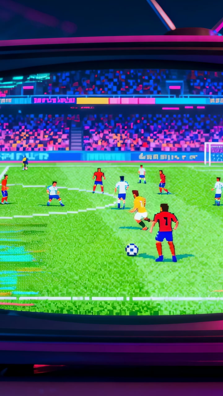 Red player dribbling near soccer penalty as defender closing, CRT TV pixel showing trying to score