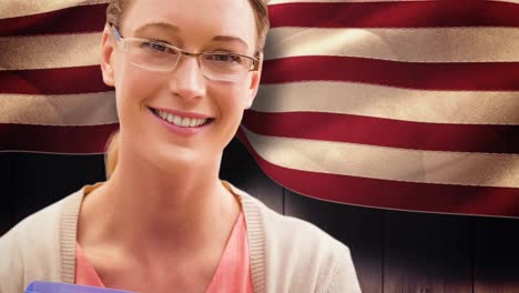 Animation-of-female-student-smiling-over-american-flag