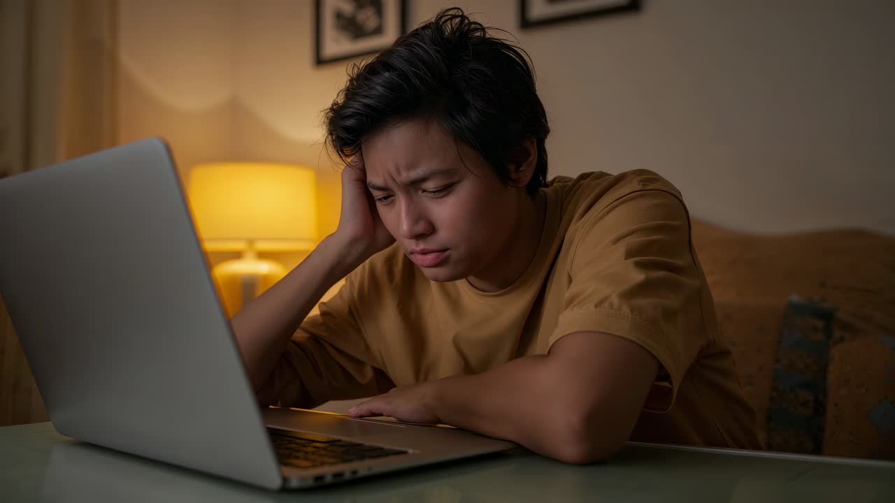 Reagerer på laptop-mann i sennepsfarget T-skjorte som lener seg fremover og holder hodet, bearbeider i stuen
