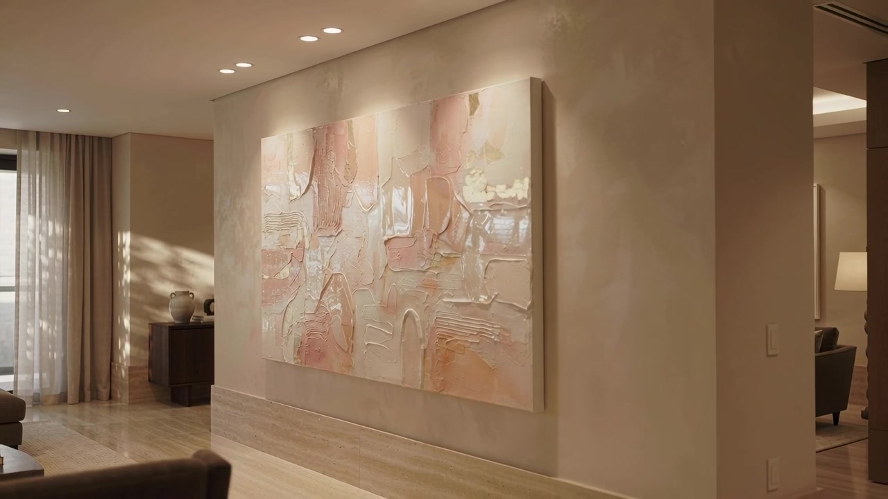 Terugtrekkende camera die een groot pastel schilderij toont onder spotlights, en doorschijnende gordijnen en vazen onthult