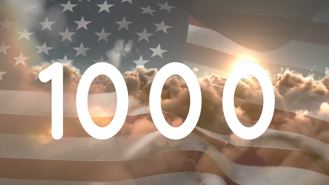 animación de números de contador sobre nubes y bandera de ee.uu.