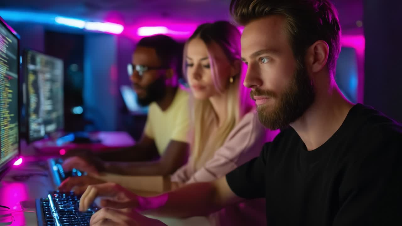 Engaged Individuals Collaborate in a High-Tech Environment, Featuring Brightly Lit Workstations and Focused Expressions as They Analyze Data and Code on Their Computers in a Modern Office