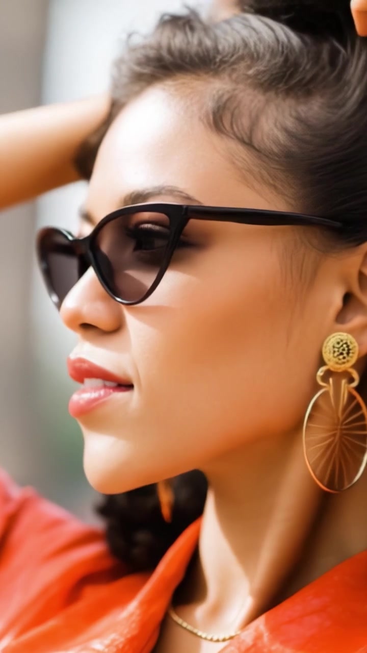 Donna Elegante con Occhiali da Sole Chic e Trucco Elegante Posa con Sicurezza, Mettendo in Mostra Moda, Bellezza e Atteggiamento in un Contesto Contemporaneo