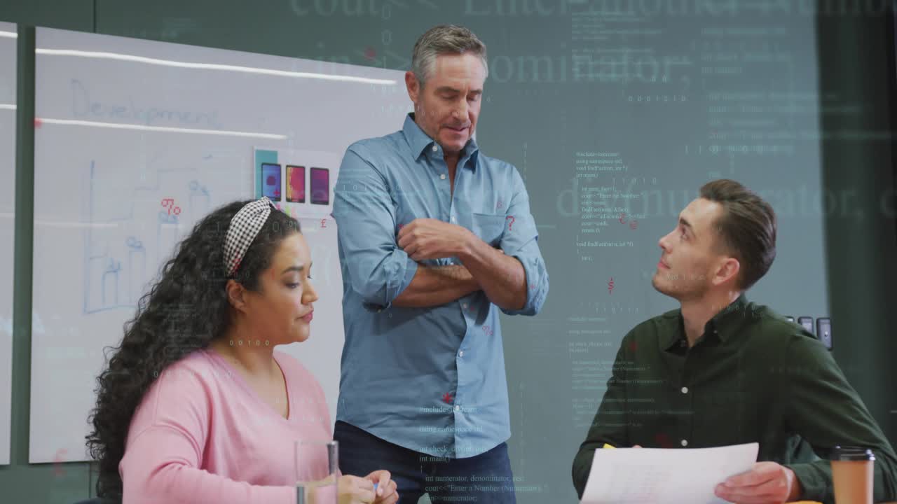 Glancing at wristwatch, manager leading tech discussion with animated code floating on glass wall