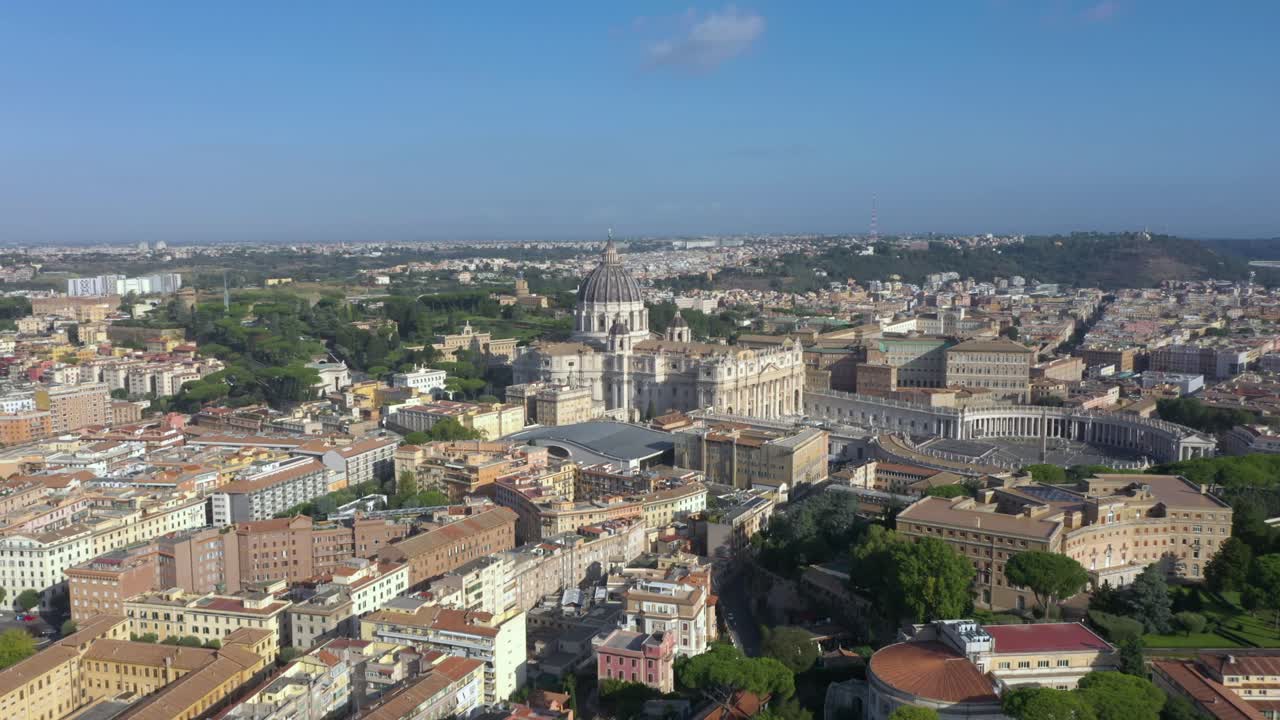 Amazing aerial flying backwards away from the Vatican with St. Peter's Basilica, its iconic dome, and Piazza San Pietro, highlighting the magnitude of Rome’s spiritual and architectural landmark