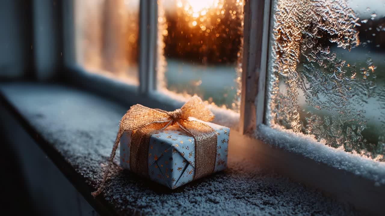 A beautifully wrapped gift rests on a frosty windowsill, glimmering in the warm glow of the sunset, surrounded by the shimmering beauty of winter's frost and snow