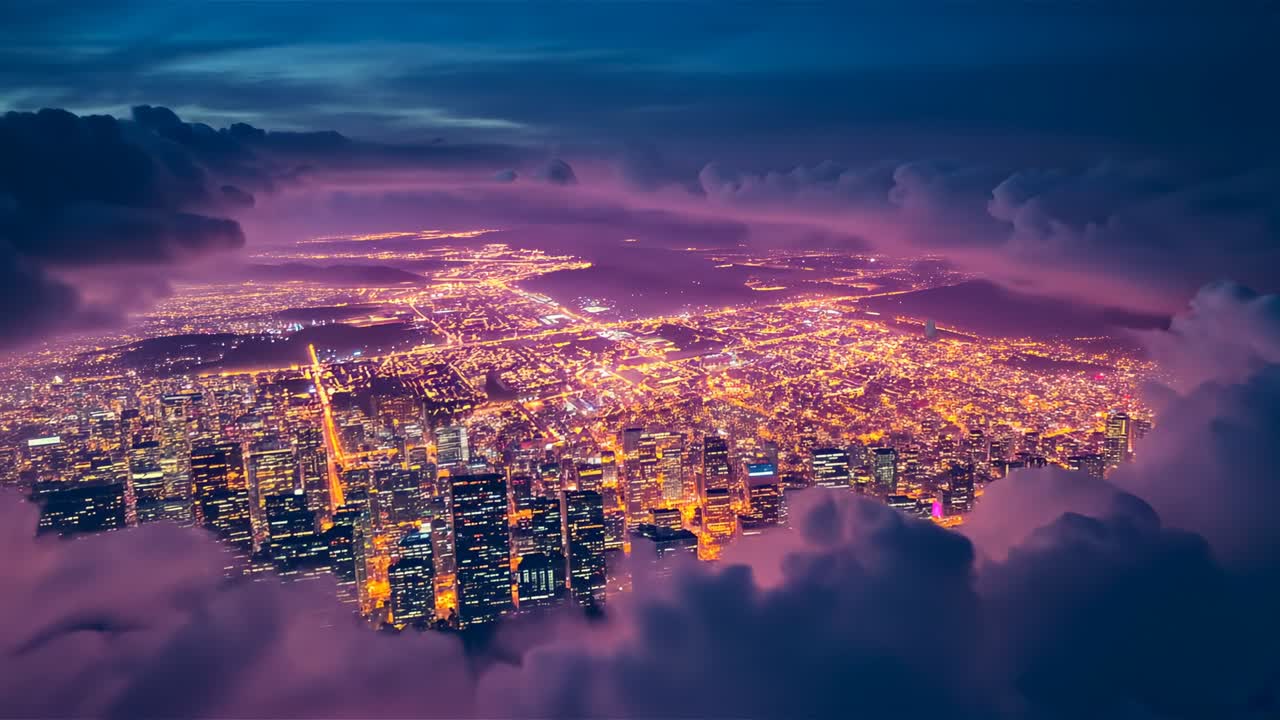 Descending camera revealing illuminated city core emerging through clouds at dusk, with skyline