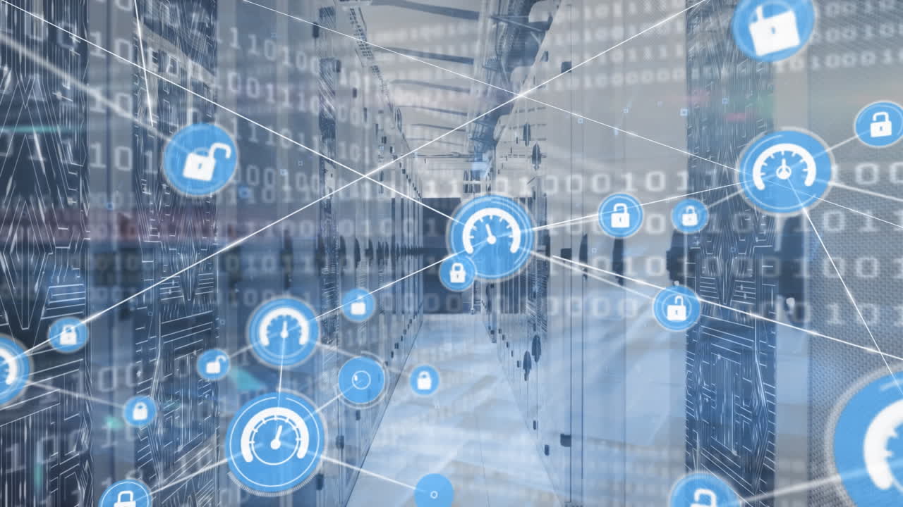 animación de la red de conexiones y procesamiento de datos sobre la sala de servidores