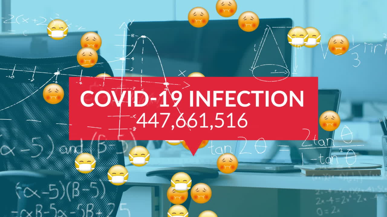 사무실에서 얼굴 마스크를 쓴 여러 병자 이모티콘을 통해 코로나 19 데이터 처리의 애니메이션