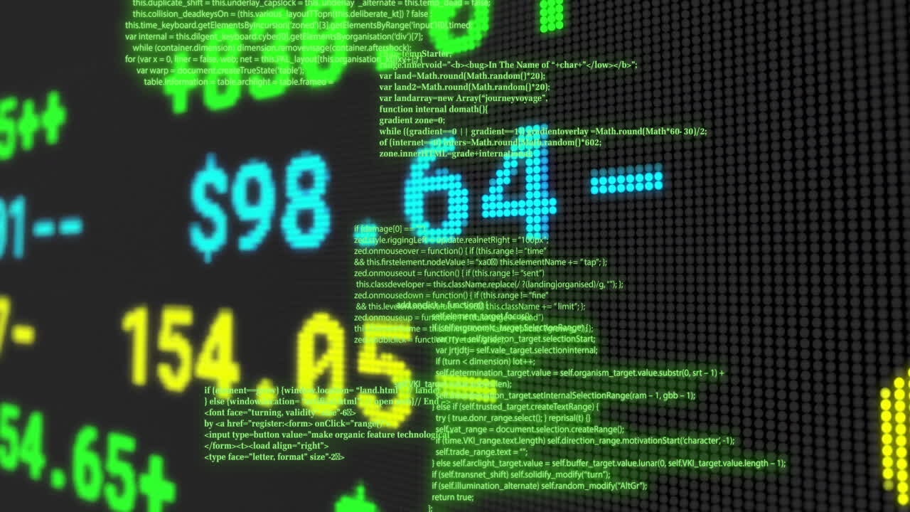 Animation of financial data processing over black background