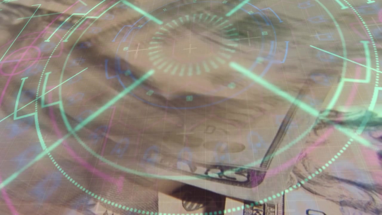 Neon-green HUD appearing over stacked twenties, rotating and sweeping to reveal serial numbers