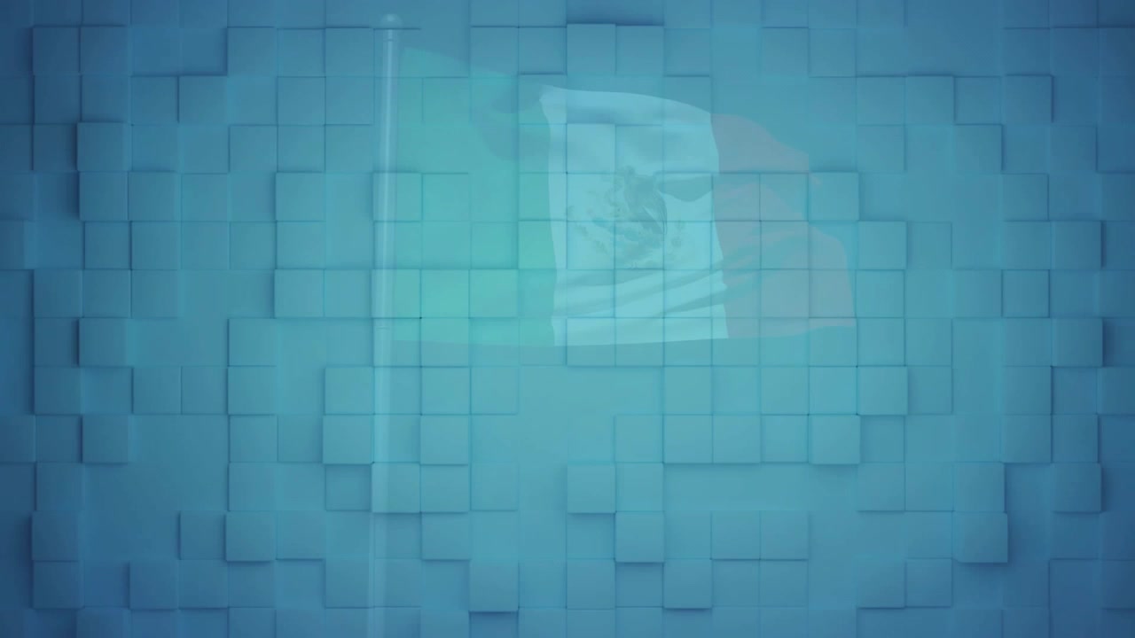Brisa começando, bandeira tricolor com emblema ondulando e balançando, enquanto uma grade de cubos azuis pulsa.