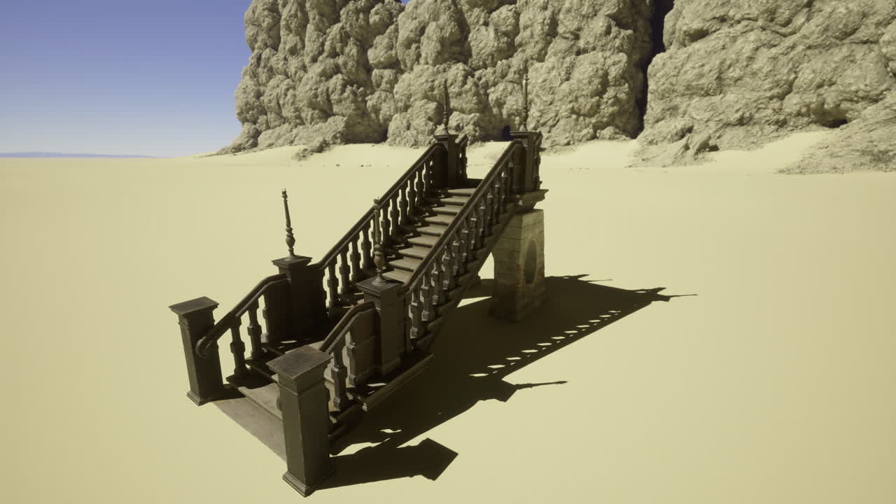 Unique staircase stands alone against rocky backdrop in deserted landscape