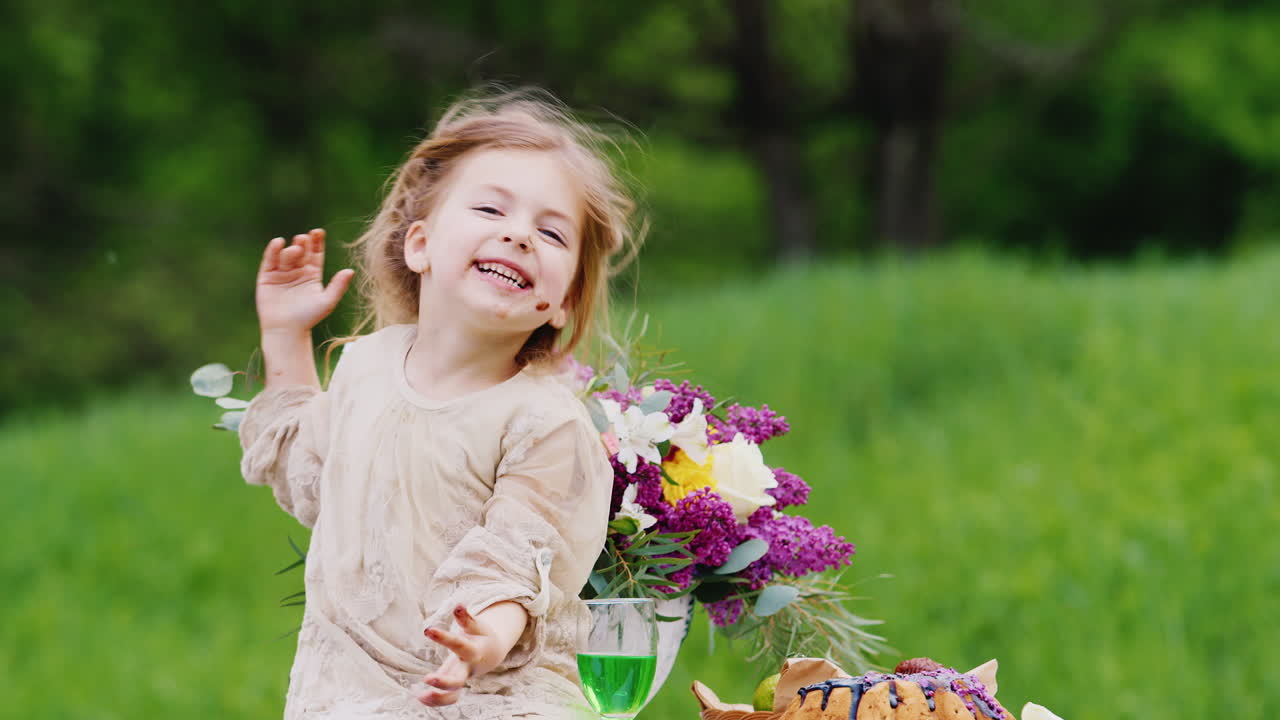 una chica divertida y manchada se sienta en una mesa en el jardín y come un pastel dulce con sus manos rastros de cho