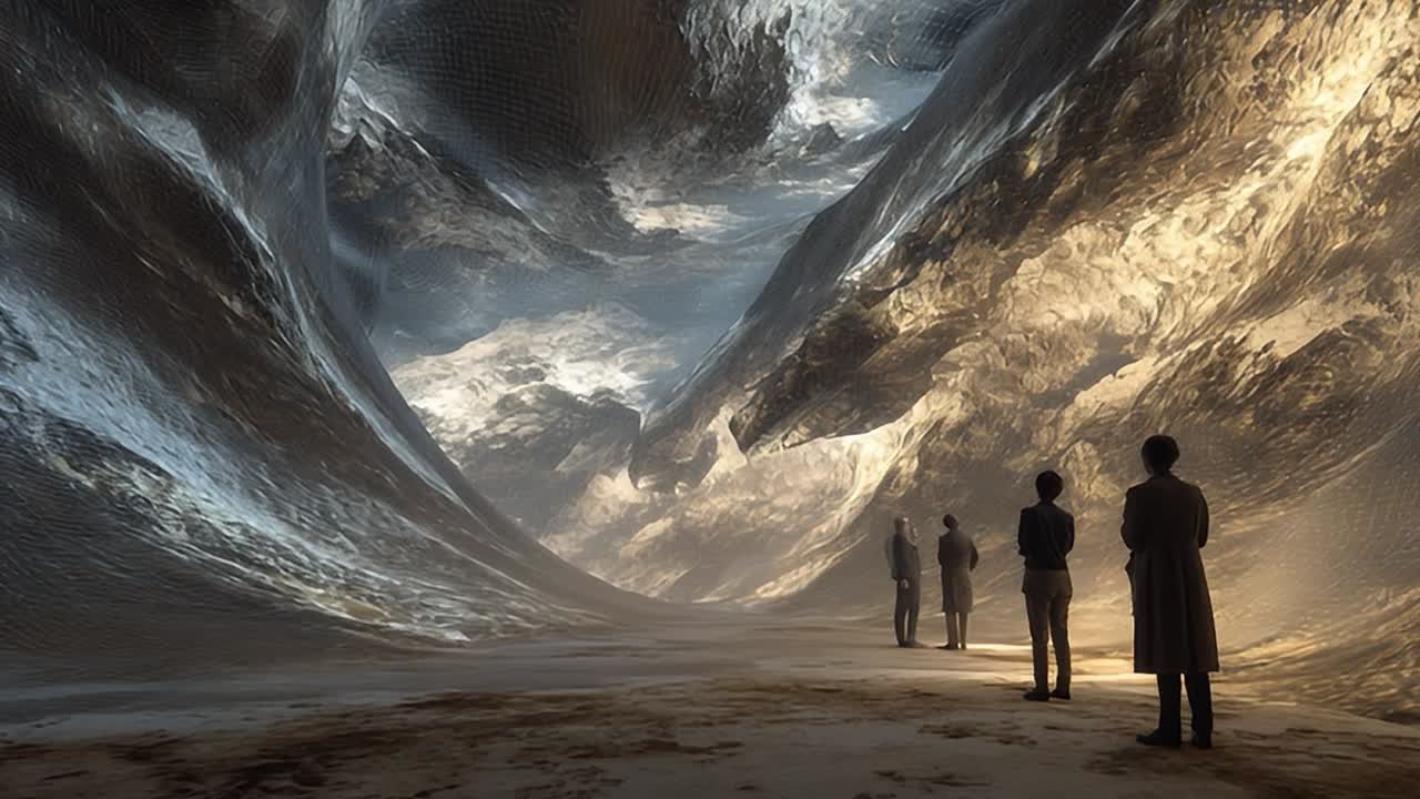 Exploring a surreal landscape with travelers in a mystical cavern