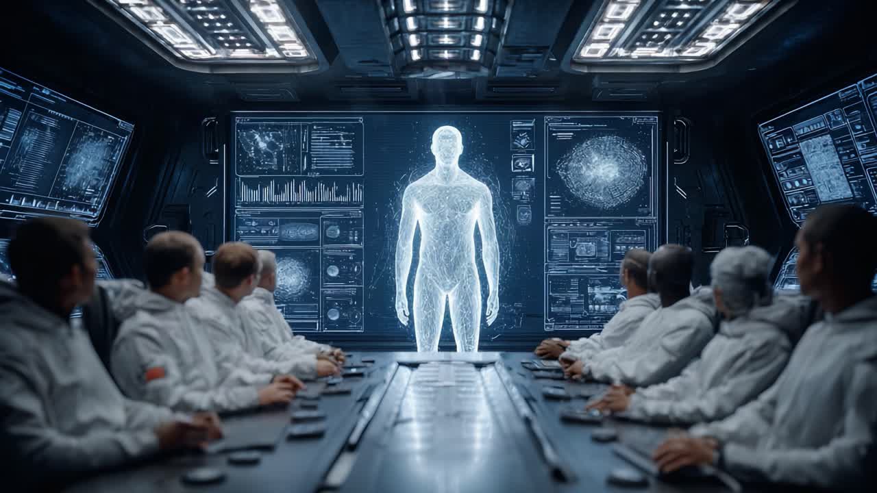 In a futuristic command center, scientists observe a holographic humanoid figure surrounded by advanced technology and data displays, exploring the frontiers of human enhancement