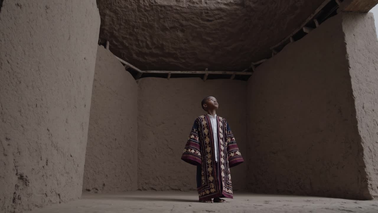 Young boy wearing traditional clothing stands inside an ancient mud brick building. Gazing upwards with a sense of wonder and reverence. Capturing a moment of reflection and connection to heritage