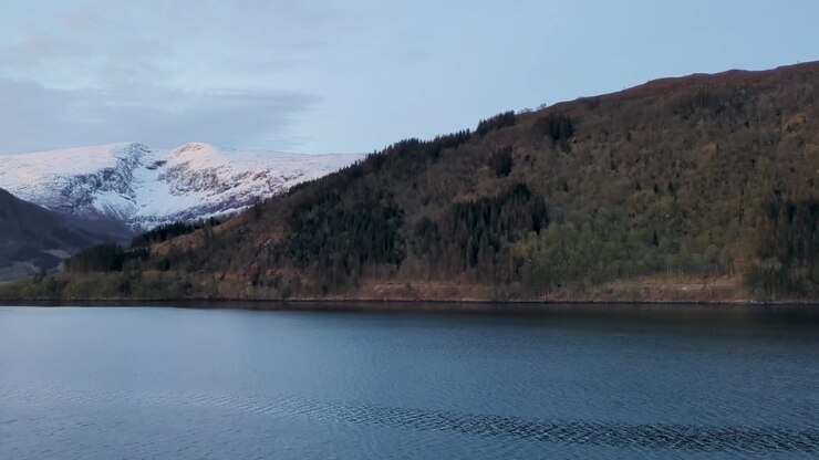 Montagne innevate e colline boscose lungo un fiordo norvegese