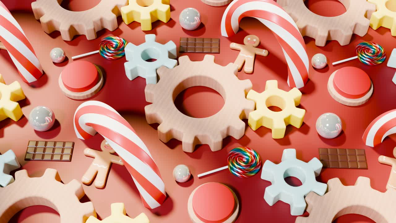 3D rendering of gear mechanism in seamless loop with various dessert