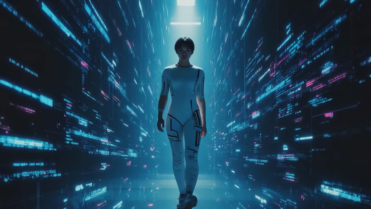 Persona che cammina attraverso un corridoio di dati digitali futuristico