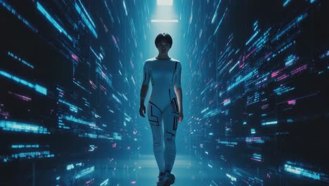 person walking through a futuristic digital data corridor