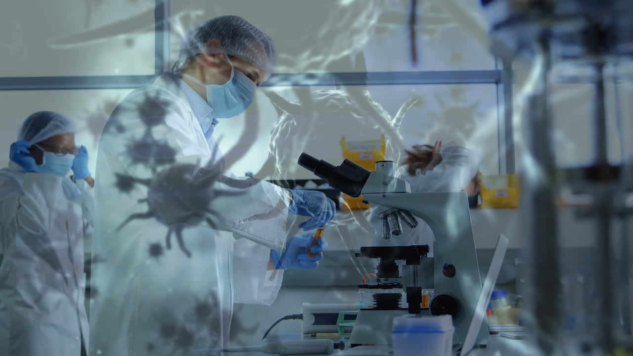 animación de la propagación del coronavirus covid19 con un trabajador de la salud en el fondo