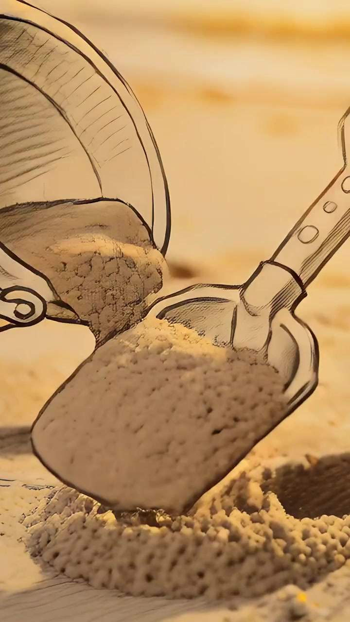 Vertikal video: Kamerapanorering som visar en ritad hink som tippar, spiller sand vid strandkanten, spade som formar en hög.