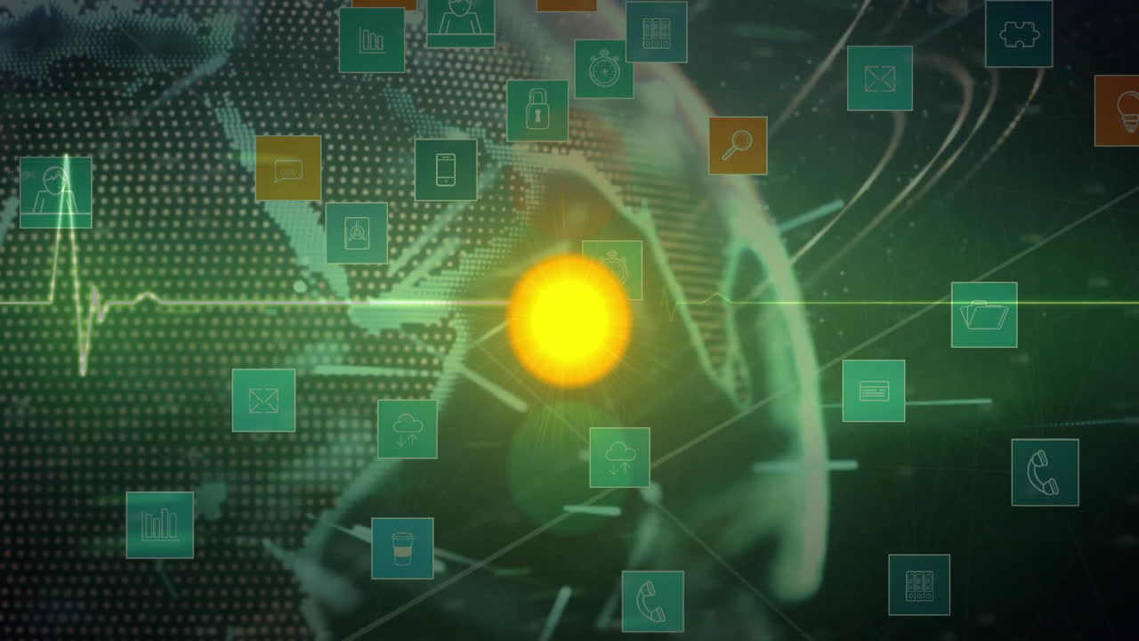 Animation of digital icons and glowing light over abstract data network map