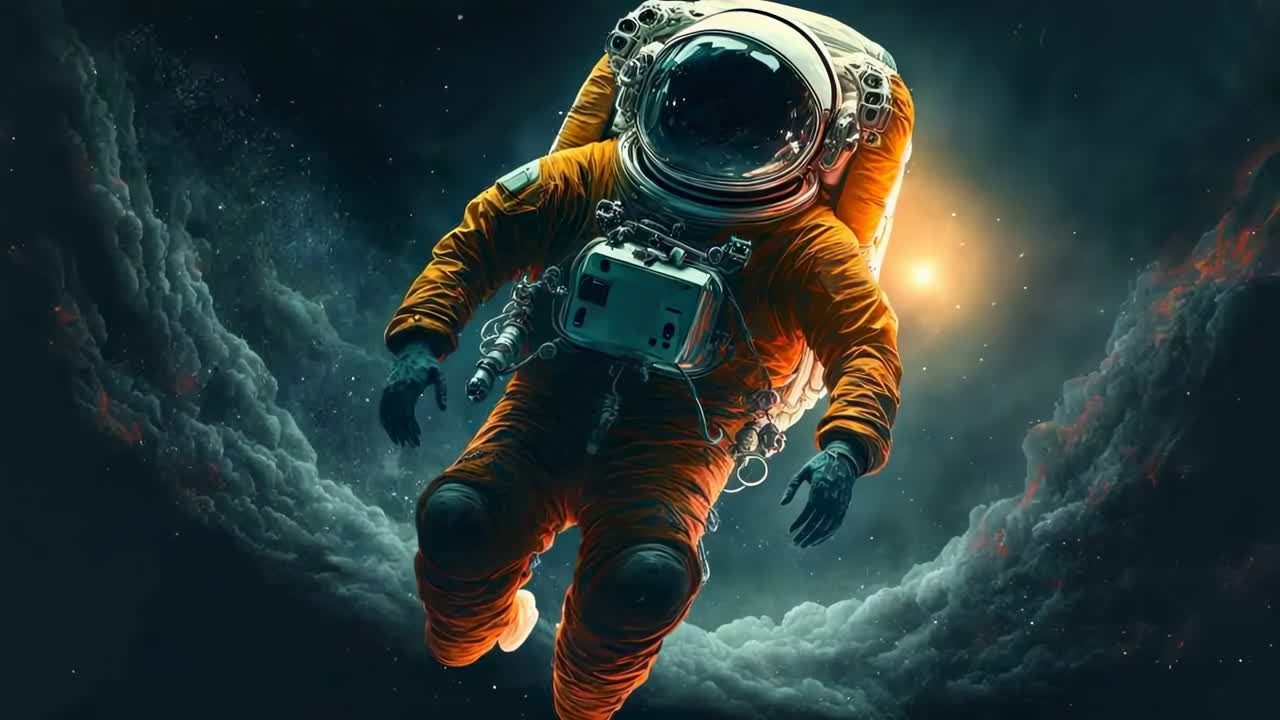 Astronaut svævende i det dybe rum blandt tåger og en fjern sol.