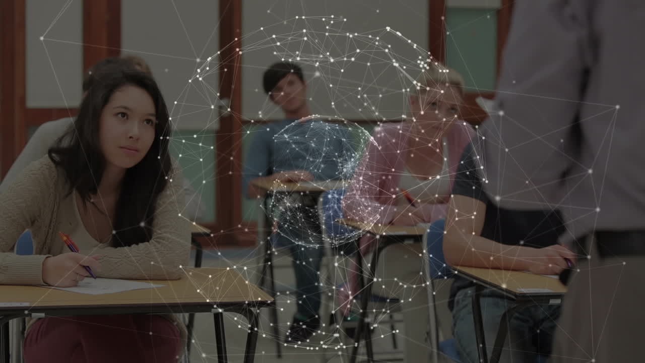 animación de una red global rotativa de conexiones, sobre el maestro y los estudiantes en el aula