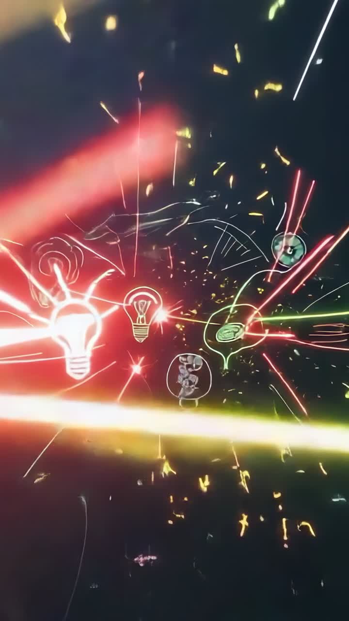Vertical video: Converging red, yellow-green beams creating spark above bulb, brain cluster in void