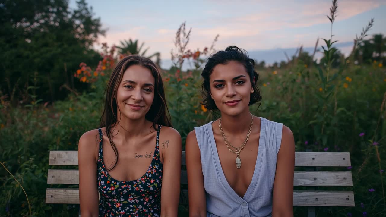 Dos mujeres sentadas compartiendo mientras la cámara graba en un banco de madera en un prado al atardecer, mostrando un colgante.