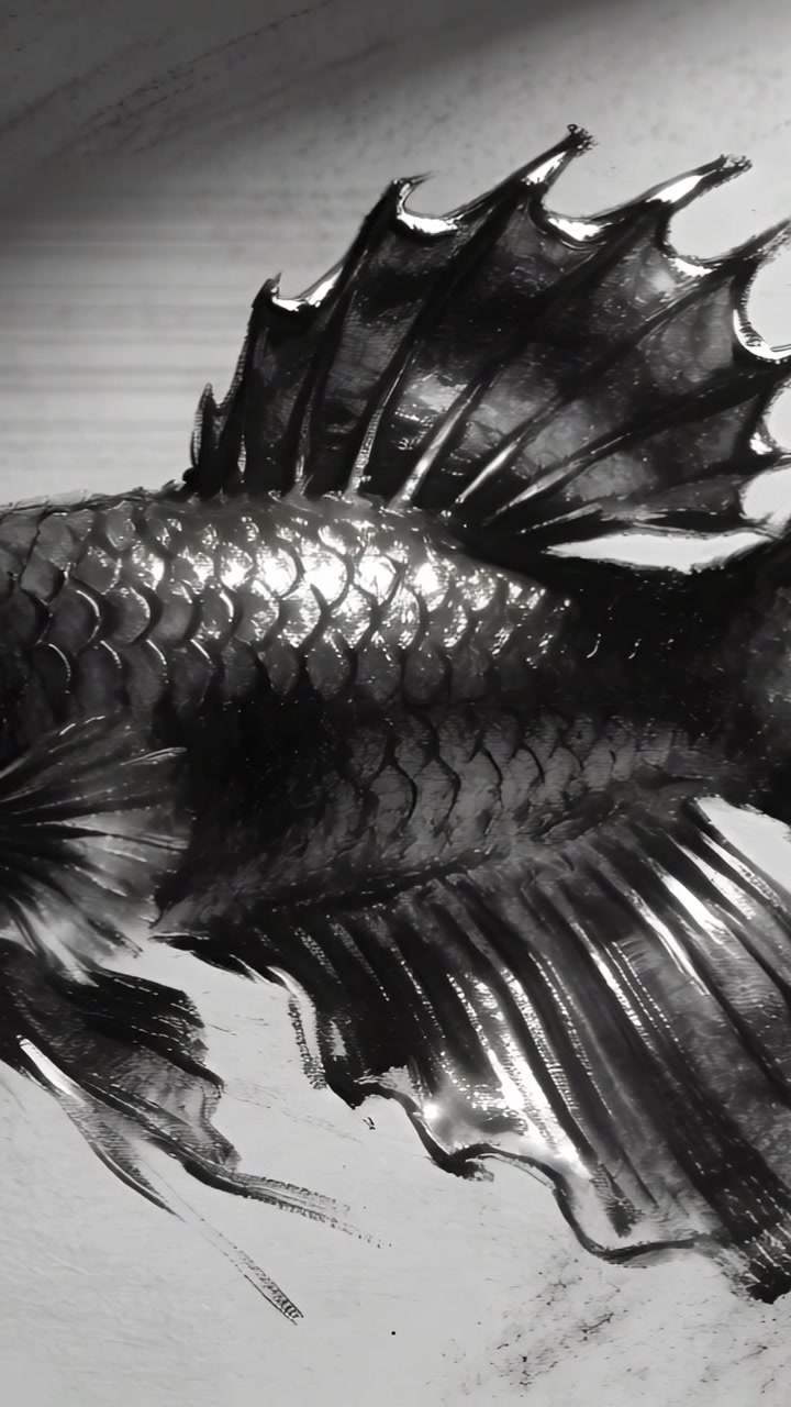 Video verticale: Mostrando un pesce ornato visto da dietro che reagisce a un cambiamento di luce su una superficie piana, con le squame luccicanti.