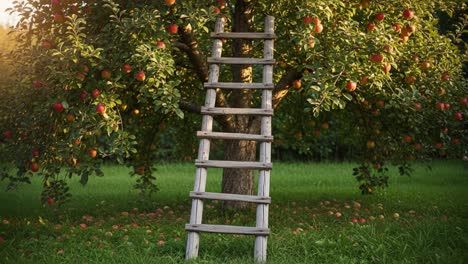 a rustic wooden ladder leaning against a bountiful apple tree surrounded by lush green grass under a warm golden sunset glow