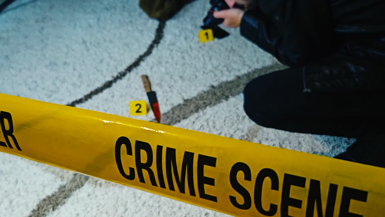 Ein Kriminalbeamter oder ein forensischer Ermittler fotografiert mit Blitz und Kamera Beweismittel an einem Tatort auf einem Teppich. Gelbes Polizeilinen-Absperrband vor ihm, geringe Schärfentiefe