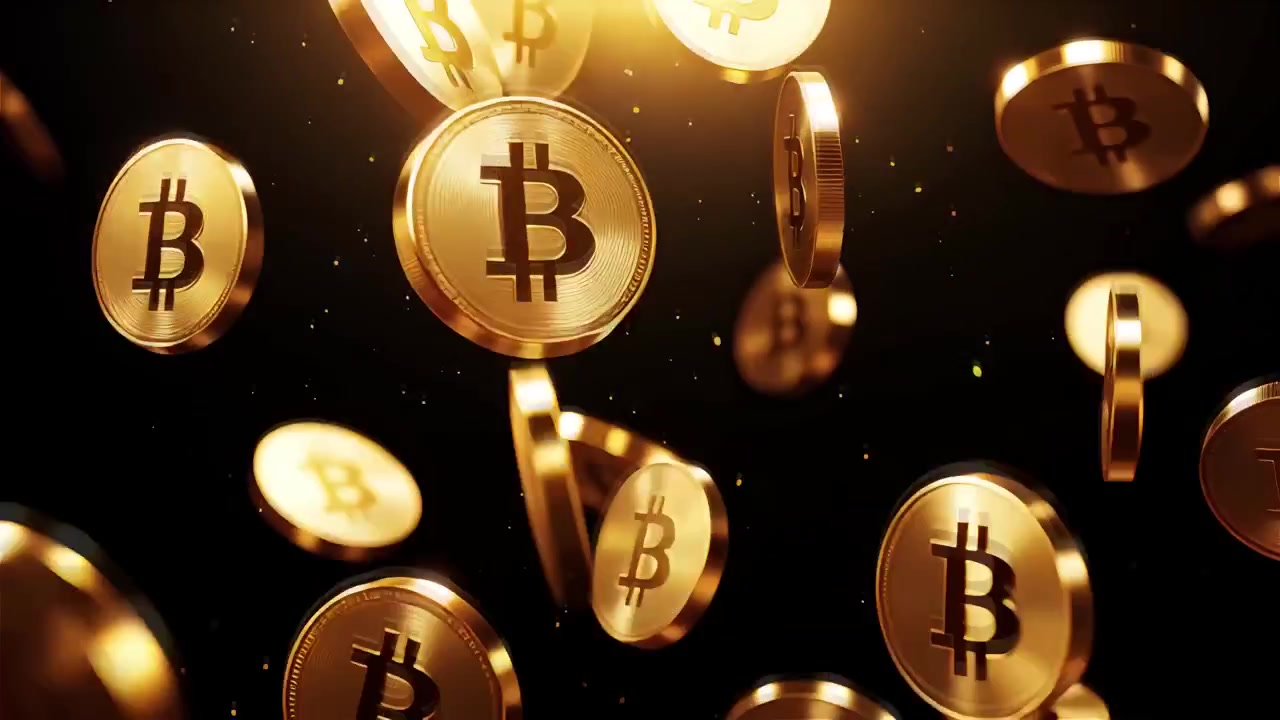 Bitcoin in rotazione su sfondo nero drammatico 4k