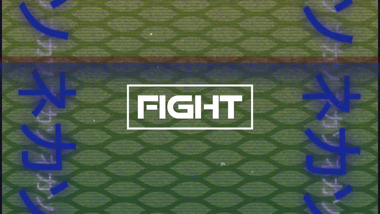 animación del texto de la lucha en blanco e interferencia sobre el texto japonés azul en patrón verde