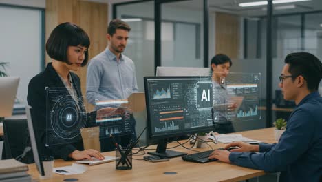 collaborative office environment showcasing advanced analytics with ai integration, highlighting professional interactions and technological interfaces among team members