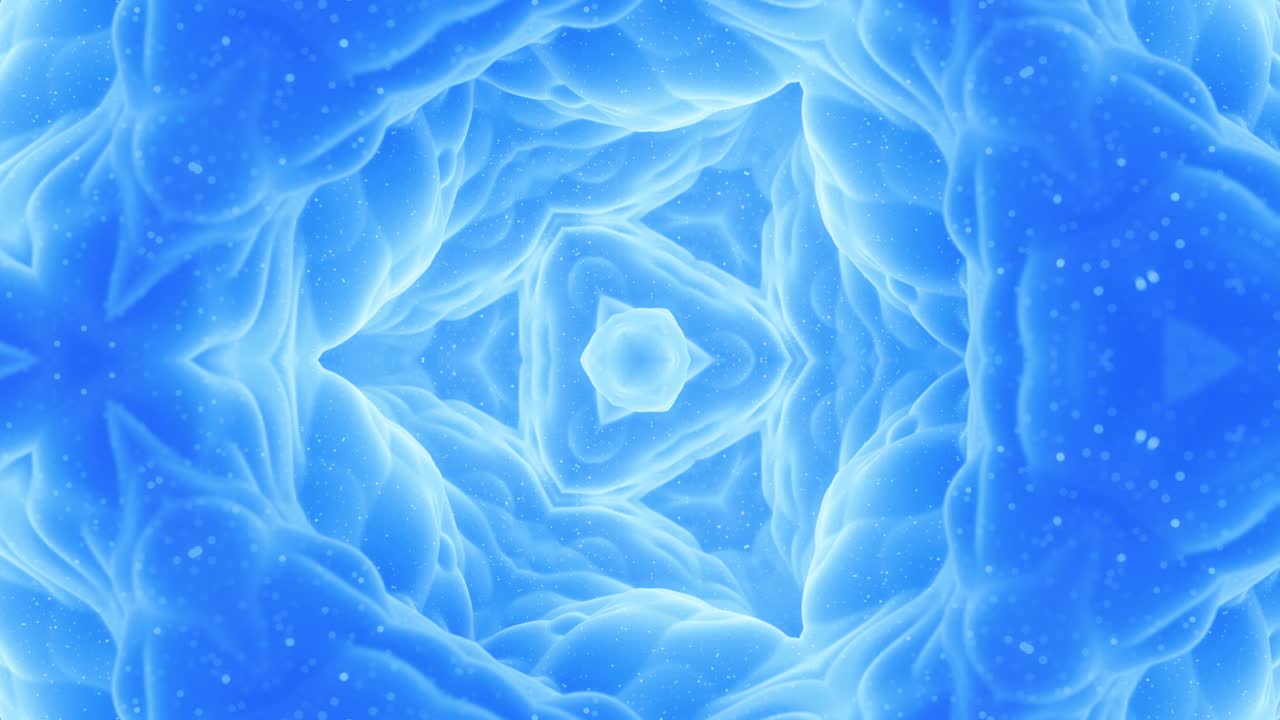 Smooth looped animation of 3d abstract soft matte shape like flower or mandala, symmetrical structure of blue purple velvet material interspersed sequins, changes shapes smoothly cyclical. Gradient