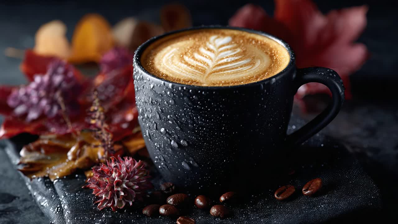 Aromatic Brew: Captivating Coffee Cup with Leaf Design Surrounded by Autumn Leaves and Floral Accents, Showcasing the Art of Latte in a Cozy Setting