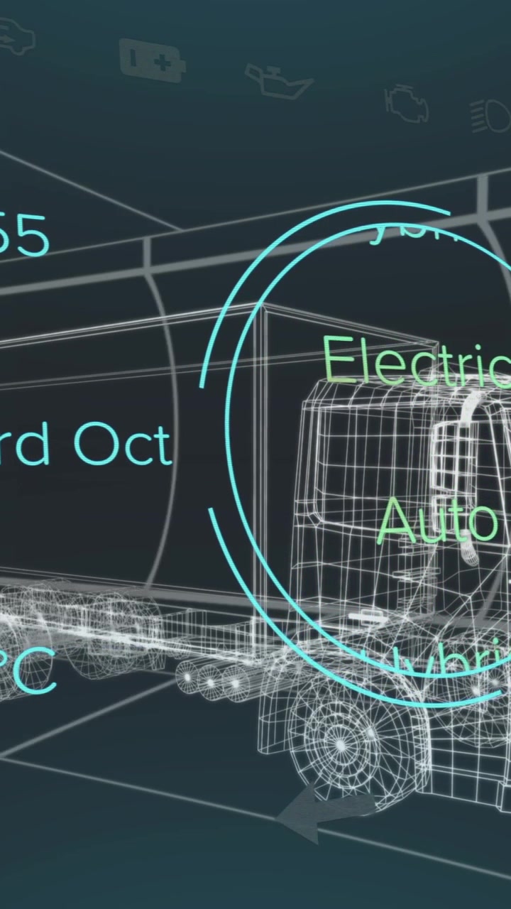 Animazione di un tachimetro e elaborazione dati su un modello di camion 3D su un tunnel con motivo continuo